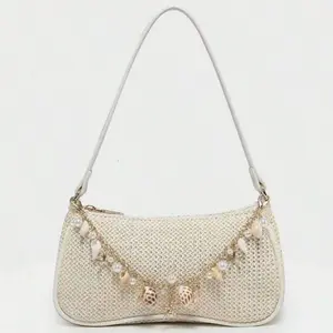 Woven Minimalist Style Shell & Starfish Decor Zipper Closure Shoulder  Hobo Everyday Bag, Purse Accessories Suitable for Daily and Holiday Use, Summer Beach Vibe (Natural Shell Accessories May Have Slight Damages During Shipping)