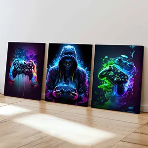 3 Piece Set Wooden Framed Canvas Poster, Fluorescent Game Controller, Gamer, Cyberpunk Style, E-Sports Quotes, Neon Signs Style Aesthetics, Home Decor, Art Print, Wall Art for Living Room, Bedroom, Office, Hallway, Ideal Gift For Friends.