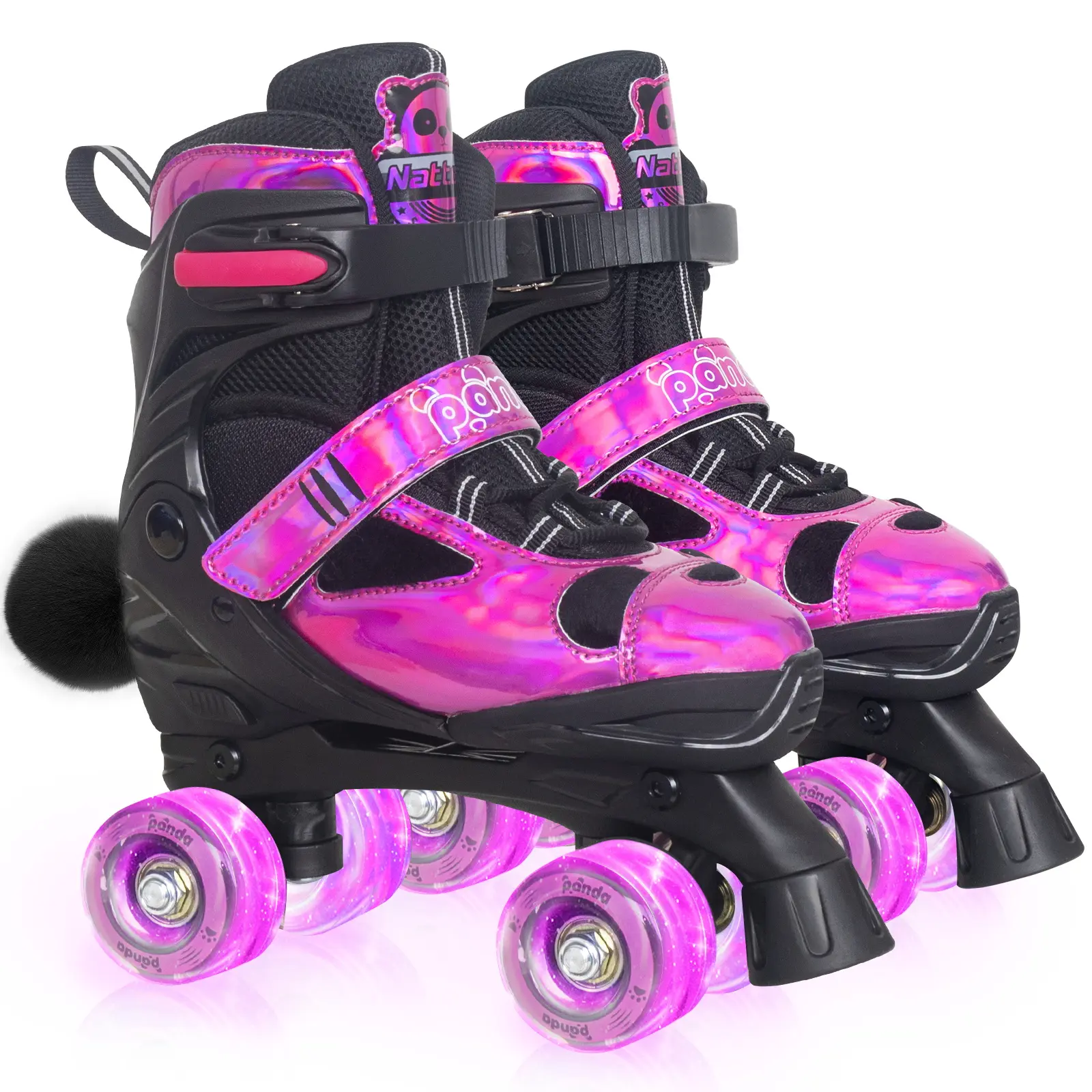 Nattork Kids' Cyber Panda Adjustable Quad Roller Skates with Light-Up LED Wheels, No-Tie Elastic Laces, Furry Tail, Grows-with-Child Adjustable Fit