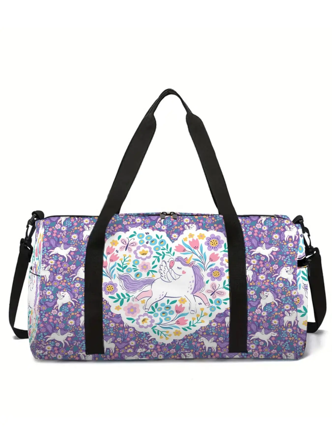 Large-capacity travel duffel bag with unicorn and pony print, portable hand-held storage bag