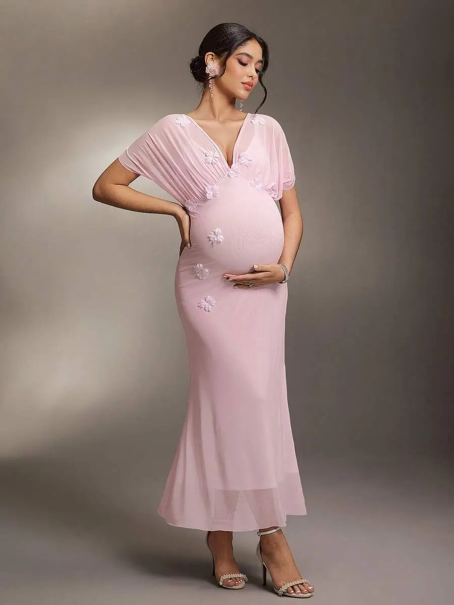 GLOWBUMP Maternity Photoshoot Dress With Ruffle Sleeves V-Neck 3D Floral Design Fitted Waist Double Layer Long Dress - TikTok Shop GLOWBUMP Maternity Photoshoot Dress With Ruffle Sleeves V-Neck 3D Floral Design Fitted Waist Double Layer Long Dress - TikTok Shop
