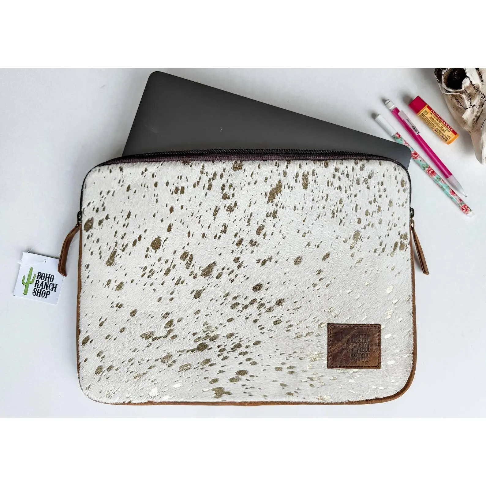 Cowhide Leather Laptop Computer Tech Sleeve Pouch with Hair-on Cowhide Front & Leather Back for iPad & Laptop Protection