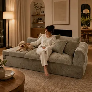 Oversized Pet-Friendly Sofa Couch with Foldable Side Steps, Modern Upholstered Living Room Sofa with Chaise Lounge, Deep Seat Cushions & Throw Pillows, Beige