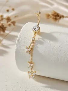 Women's Belly Button Ring, Artificial Zircon Butterfly Design, Long Chain Navel Piercing Jewelry, Casual Fashion Accessory, Body Piercing Jewelry
