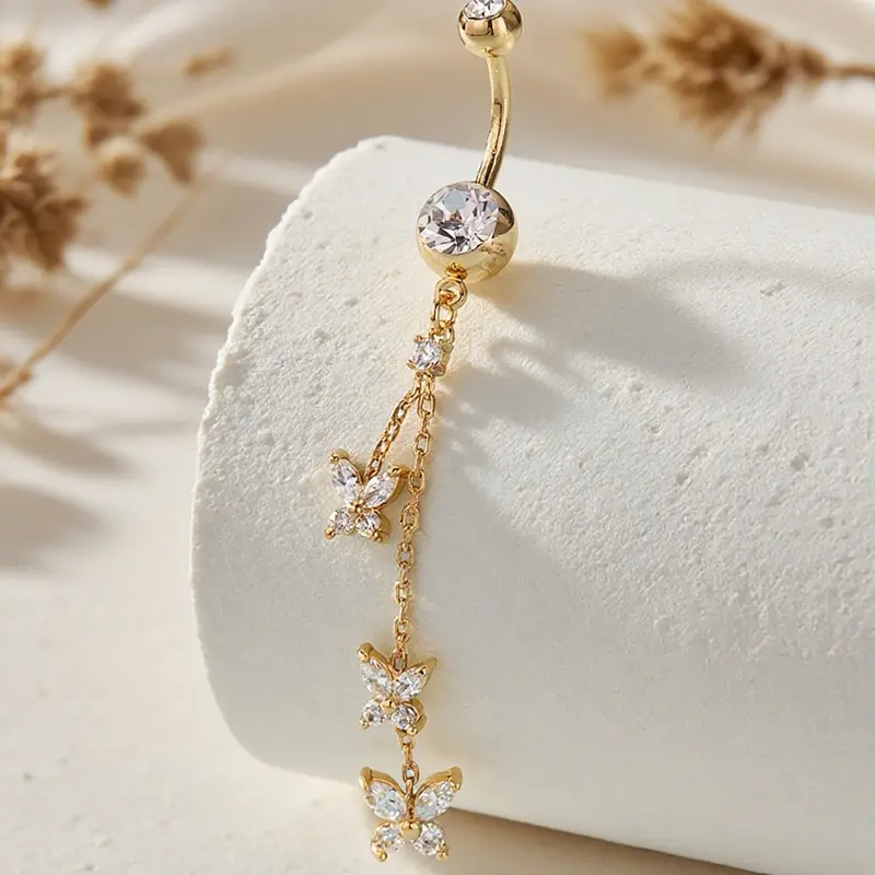 Women's Belly Button Ring, Artificial Zircon Butterfly Design, Long Chain Navel Piercing Body Jewelry, Casual Fashion Accessory