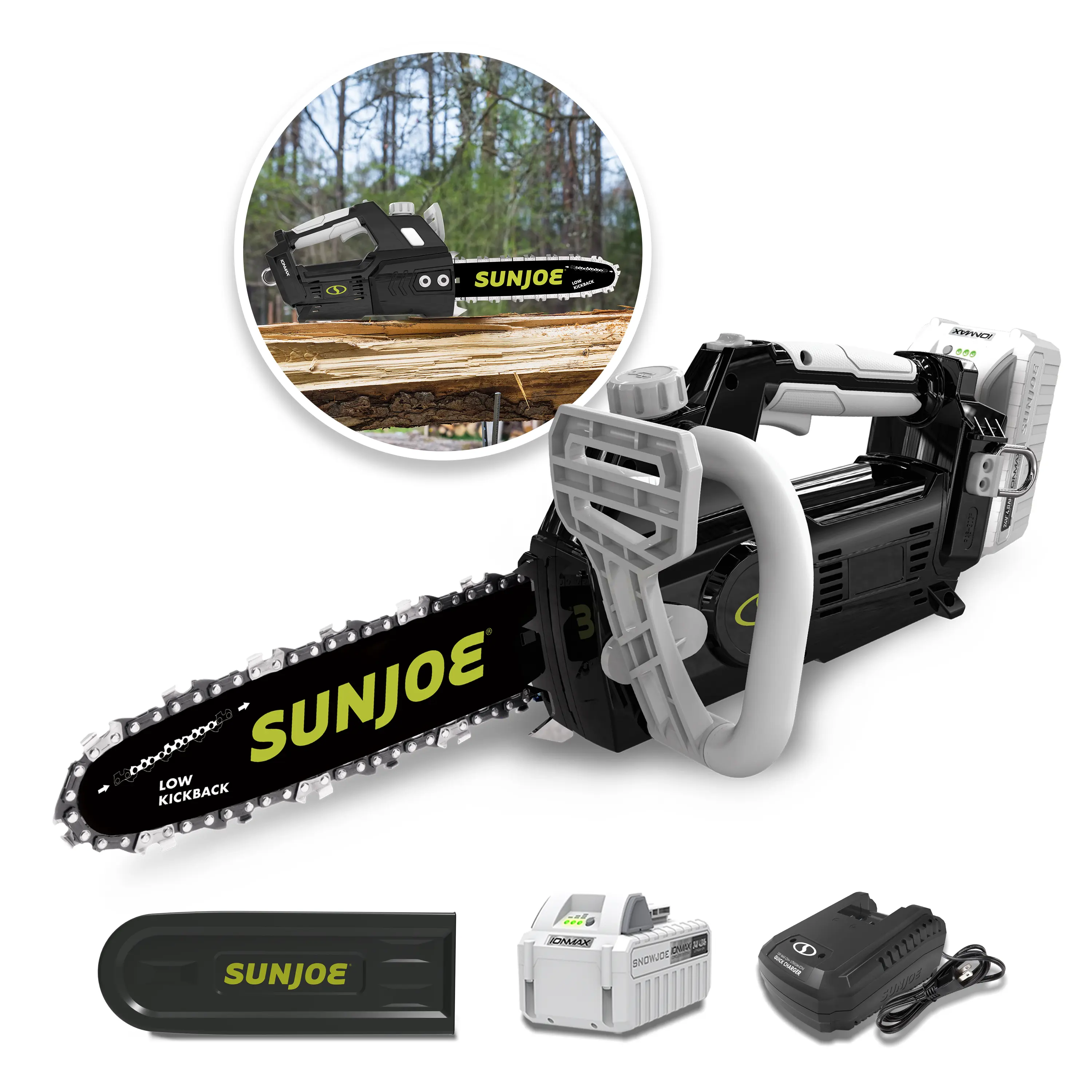Sun Joe 24V IONMAX Cordless Chainsaw Kit (Black) – 24v voltage, 10-in Self-Oiling Saw, Tool-Less Bar/Chain Tension, 4.0 Ah Battery + Charger, for Wood Cutting