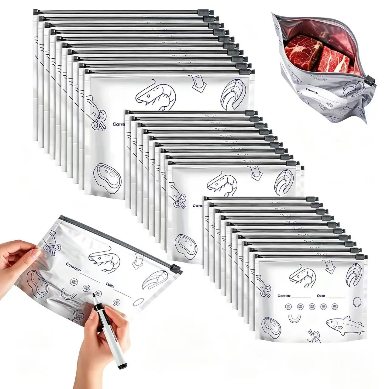 90 PCSReusable upright aluminum foil sealed storage bags. The fresh food bags come with labels and zipper locks, suitable for storing vegetables, fruits, meats and other washable kitchen items。Sorting bag。