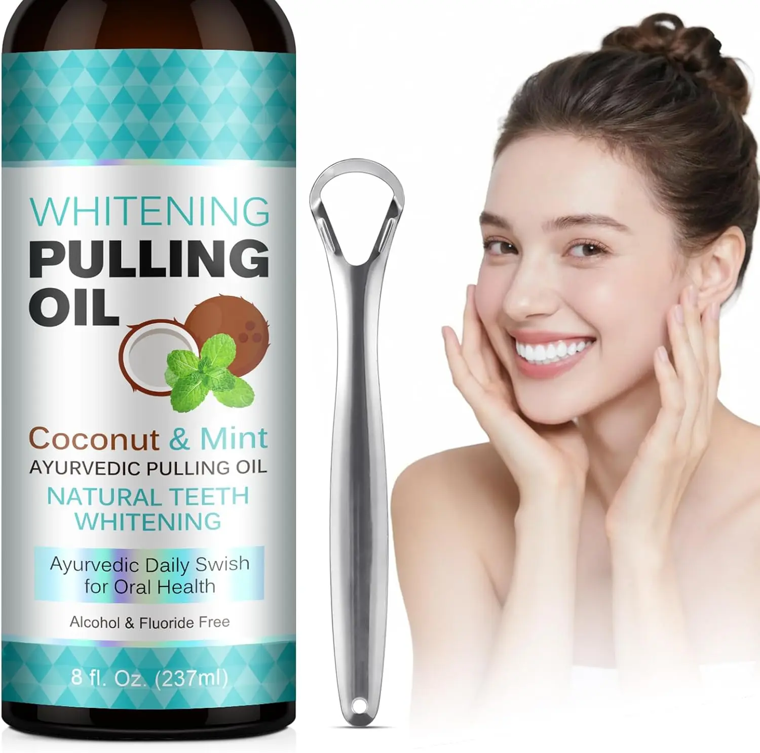 Peppermint Coconut Oil Pulling Mouthwash, Fast Acting & Visible Effect in Days, Deep Cleaning for Teeth & Gum, Fresh Breath, Alcohol-Free Natural Rinse Kit with Tongue Scraper for Adults & Kids