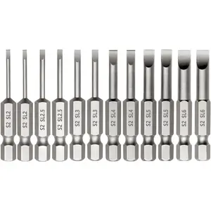 12 count Slotted Bit Set 1/4 Inch Hex Shank Flat Drill Insert Bits 2 Inch Length SL2/2.5/3/4/5/6 Impact Driver Bit for Power Drilling Set of 2