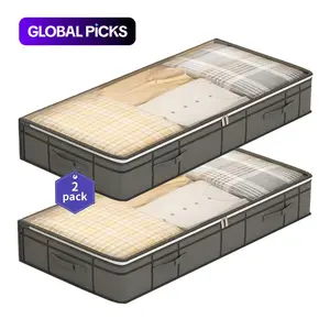 2-Piece Foldable Bed Under Storage Bag Set, Space Saving Storage, Organizational Zipper Storage, Breathable Zipper & Transparent Window Design, Includes 4 Handles for Blankets Clothes Bedding Storage Bags, Bedding Organizer Storage