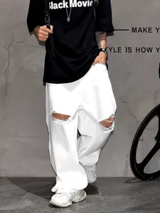 Men's Distressed Vintage Plain Denim Jeans, Loose Straight Leg Wide Leg Pants, American High Street Trendy Long Pants, Casual All Seasons, Streetwear, Plain Denim Trousers