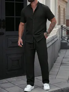 Men's Textured Stand Collar 2-Piece Outfit Set White/Black/Grey Color Options | Short Sleeve Button Shirt + Drawstring Waist Pants | Soft Breathable Fabric | Perfect for Summer Casual Outings, Streetwear & Smart Casual Style | Essential Set
