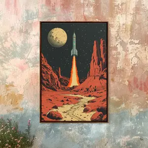 Retro Art Deco Rocket Ship Poster, Scifi Canvas Art Print, Framed and Printed Canvas Wall Art, Spaceship Pop Art, Movie Poster Art, Home Decor