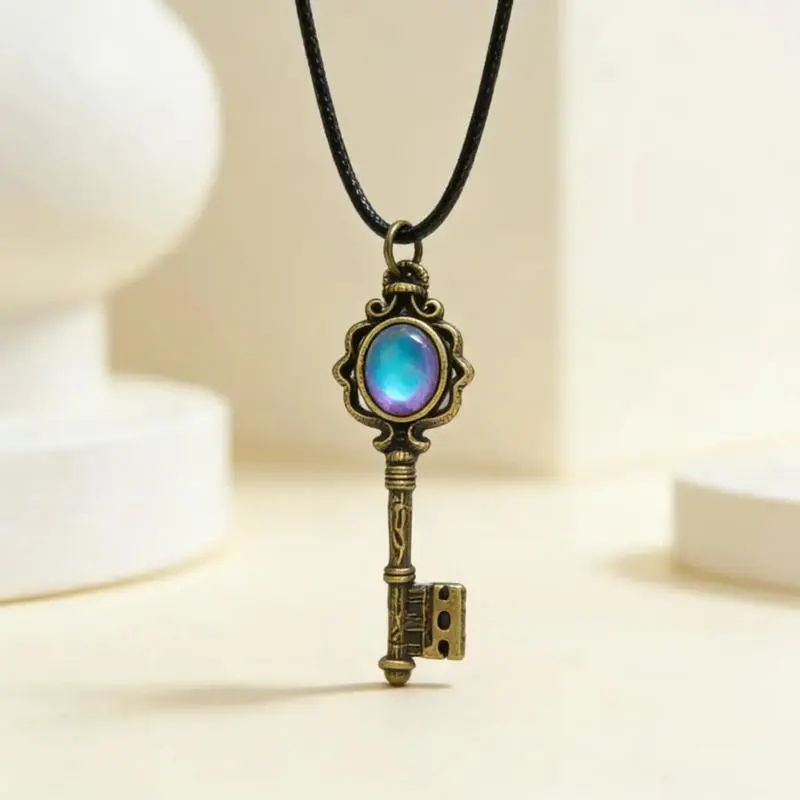 Vintage Key Pendant Necklace collection with Color Changing Fluorite Stone, Gothic Witch Style Jewelry, Boho Antique Bronze Necklace Gift for Her