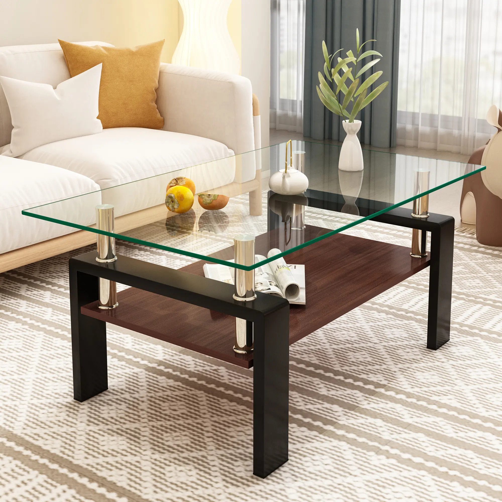 Modern Tempered Glass Coffee Table - Rectangle, MDF Layer Tabletop, Storage Design, for Living Room, Indoor Furniture