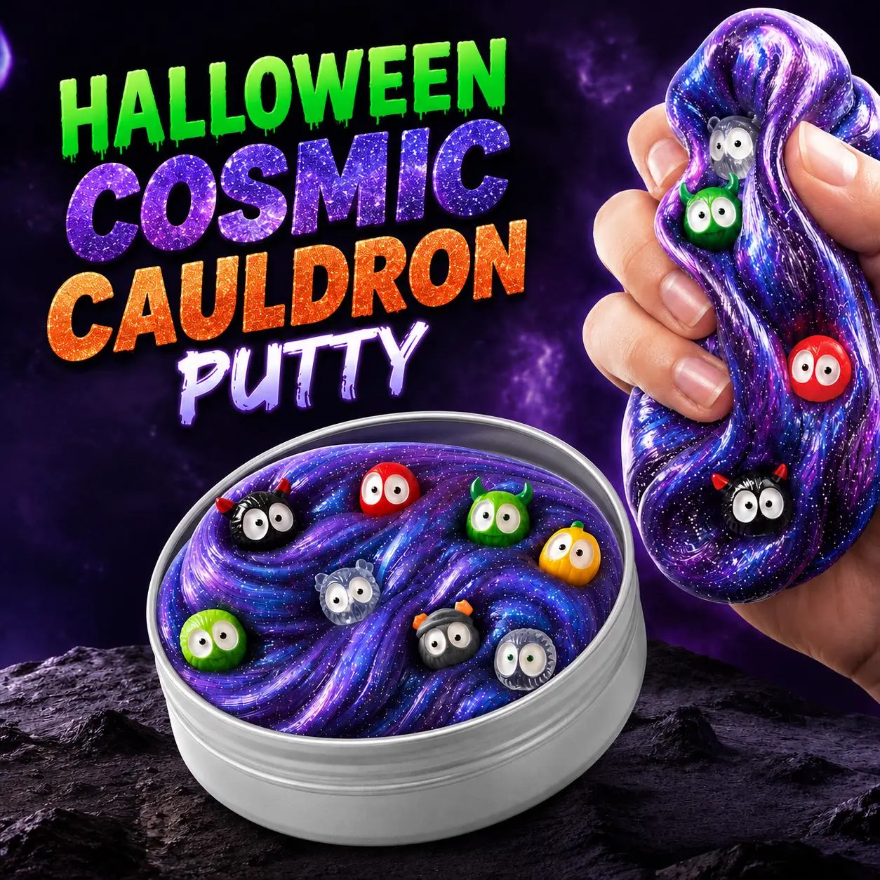 1PCS Latex-Free Galaxy Halloween Tactile Putty - Purple-Blue-Pink Cosmic Swirl Design with Eyeballs, Pumpkin, Creature Details, Stress Relief Toy for Halloween Party Activities, Home Handheld Kneading Play