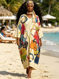 2026 New Women's 2 Piece Safari Floral & Zebra Print Kaftan Maxi Dress with Matching Headscarf, Silky Loose V-Neck Robe, Plus Size Friendly, Beach Cover Up, Resort Vacation & Runway Evening Party Wear