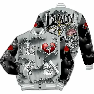 Varsity Jacket To Match Black Wolf Grey 12s - Loyalty Wins Everything All Over Print Oversized Hip Hop Gen Z Outerwear Comfortable Fall Spring Fashion Featuring Skull Brain Heart Rose Cloud Art Casual Street Style Baseball Coat