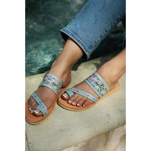 Iced Glitter Sandals Blue - Women's Summer Footwear with Floral Embellishments and Comfortable Design