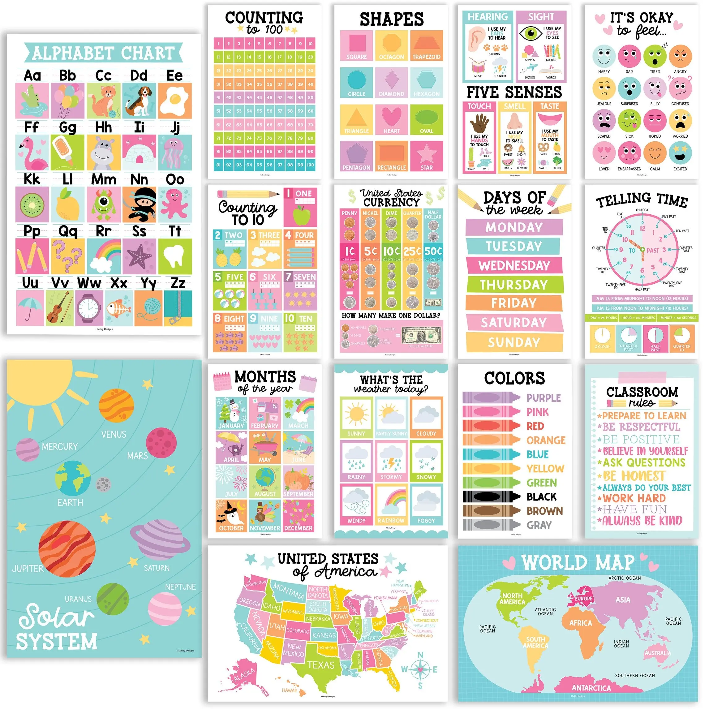PreK Educational Posters | Set of 16 | Classroom Supplies Learning Materials Learning Tool