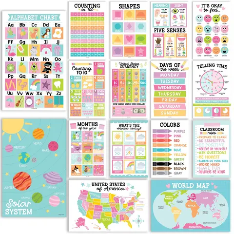 Hadley Designs 16-Piece Thick Laminate Cardstock PreK-Kindergarten Learning Tool, 11x17in Back to School Bulletin Board Decorations, Bright Engaging Colors Alphabet Home Classroom Supplies