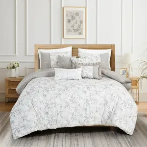 7 PCS Botanical Leaves Printed Comforter Set Embroidered Bed in a Bag with Gray Accents for Cozy Bedding
