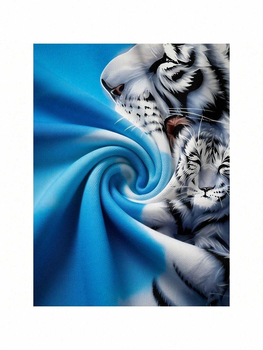 2026 New Men's Animal Pattern 2-Piece White Tiger Print Hoodie and Pants Set - Soft Comfortable Fitted Cut Long-Sleeve Blue Pullover, Casual Sports Streetwear Loungewear