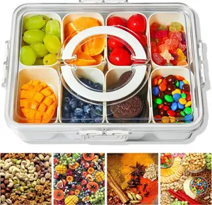 Multipurpose Snackle Box Container –Divided Serving Tray with Lid & Handle–Clear Snack box for Snacks Fruits Candy Nuts–Portable for Travel & Daily Use (8 Inside Containers)