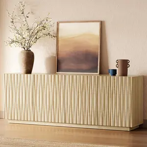 Fluted 70" TV Stand for 55-75 Inch TV, Mid-Century Modern Entertainment Center for Living Room & Bedroom, Tall Storage Cabinet & 8 Cable Holes, Wavy Soft-Close Doors & Anti-Tip Media Console, Natural