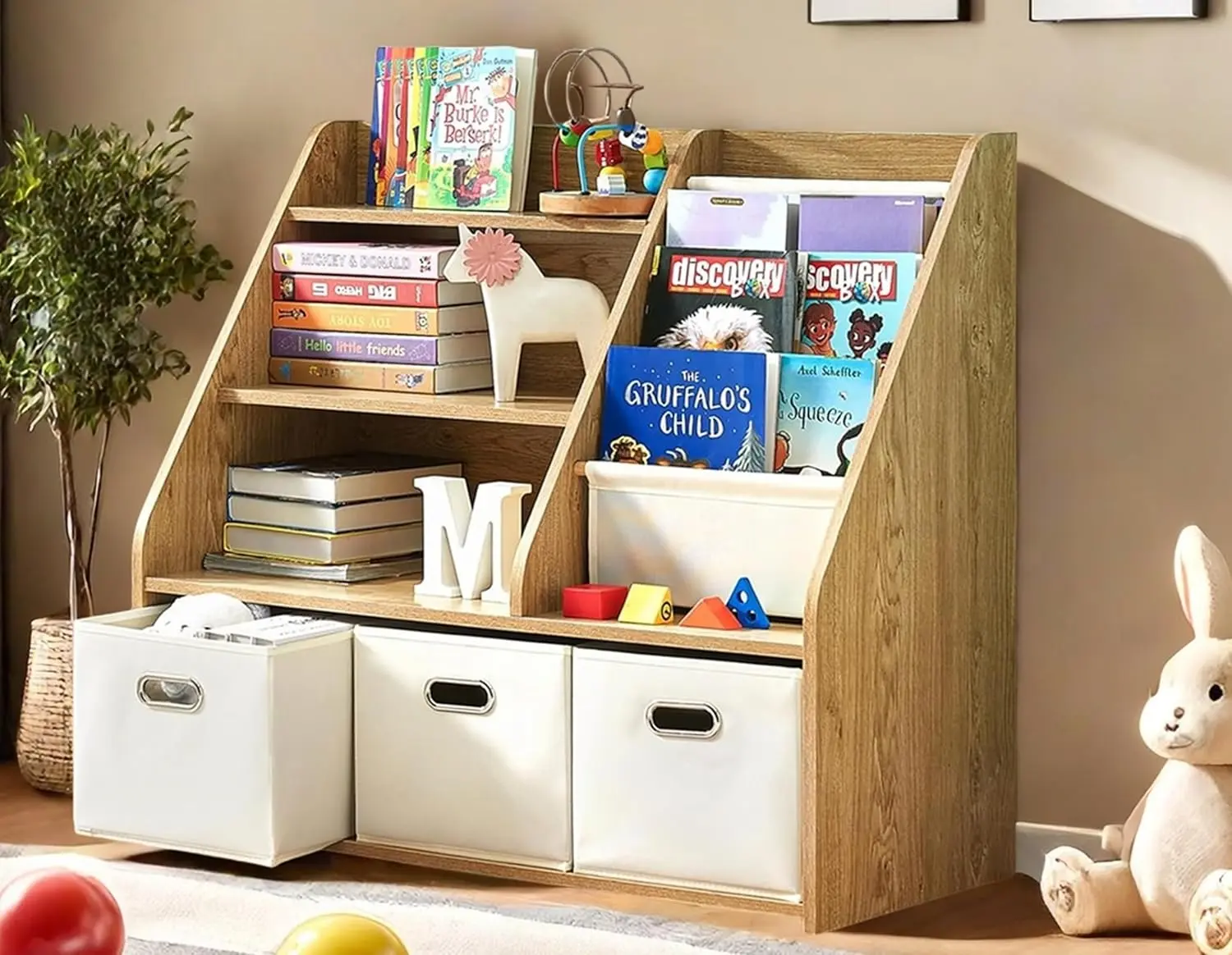 Kids Bookshelf and Toy Storage, Wooden Montessori Kids Bookcase with Storage Drawers&Sling Rack, 32”x 32”x 16”Kids Toys Bookshelf, Toddler Baby Book Shelf for Kids Room Playroom Organization