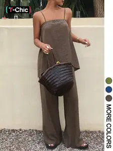 Women's Casual Vacation Solid Color Ruched Texture Set, Fine Strap Sleeveless Loose Top and Wide Leg Pants, Comfortable and Stylish, Womenswear