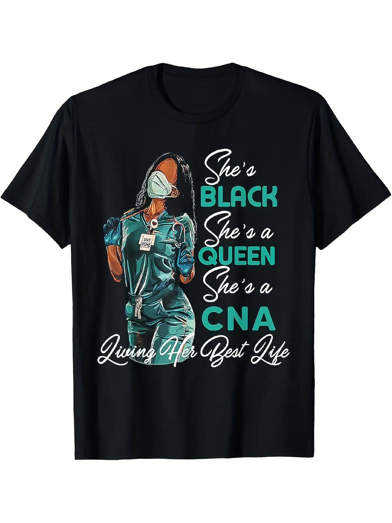 She's Black She's a Queen She's CNA Graphic Tee - unisex soft cotton short sleeve t shirt, vintage graphic casual tee for men women teens, perfect birthday holiday gift for camping travel gym daily street  wear