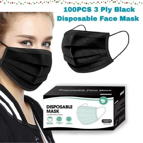 Adults' 3-Layered Black Non-Woven Disposable Nose Filter Medical Masks, 100-Pack Ready Packaged Protection Medical Masks, Breathable Prop 65 Safe, Perfect as a Christmas Gift for Work & Everyday Use