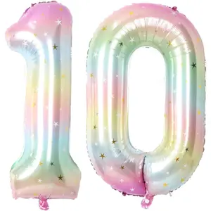 40-Inch Stars Rainbow Number 10 Balloons, 10th Birthday Decorations for Girls Boys, 10th Birthday Balloons, Birthday Party Decor Supplies.(Stars Rainbow 10)