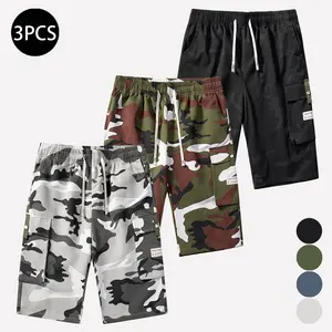 Men’s Camouflage Twill Pocket Shorts 3-Pack — Gray/Blue/Green/Black Long Pants Set for Everyday Wear; Summer Essential Breathable Drawstring Street Sport Shorts