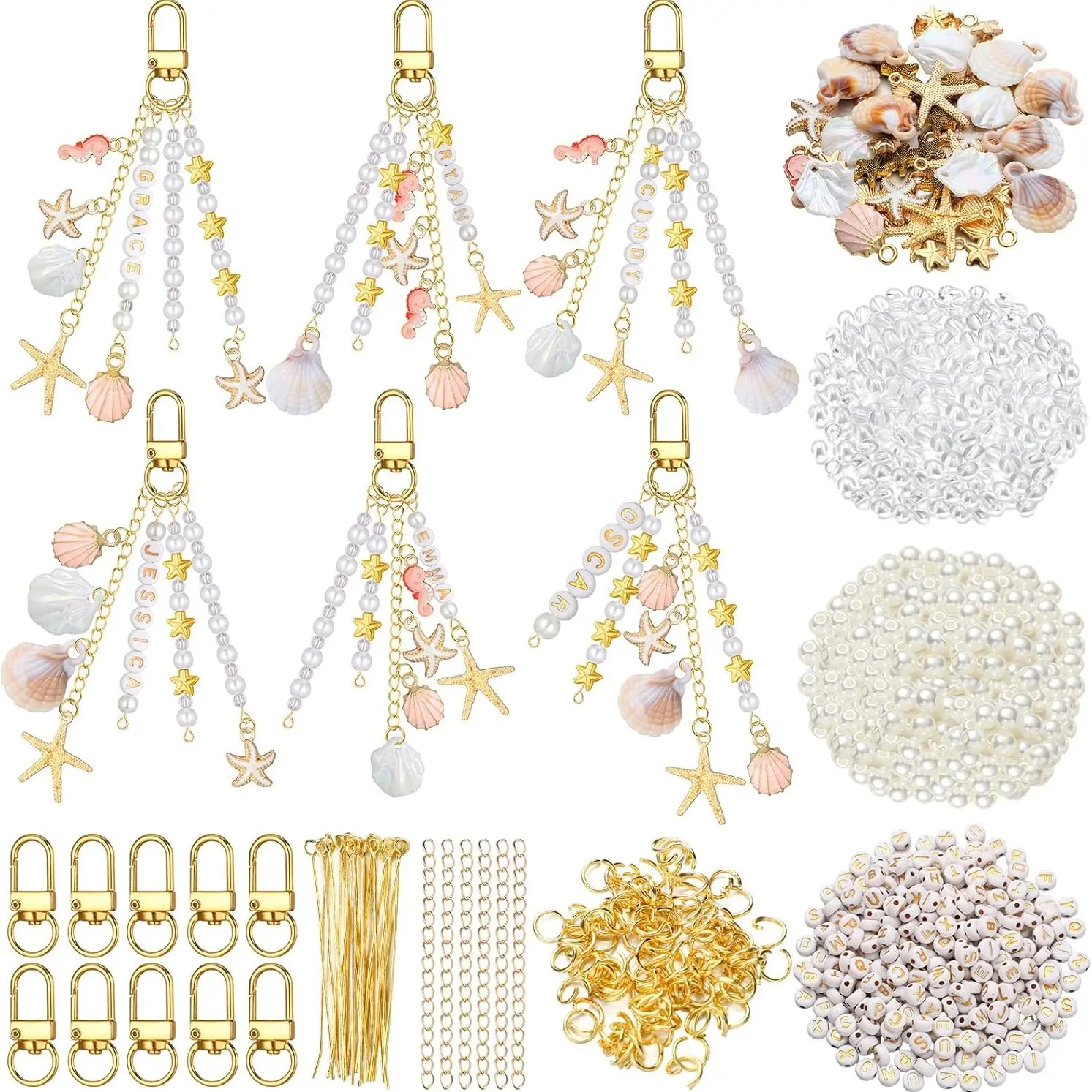 776 Piece Shell Keychain Making Kit, Ocean Theme DIY Handmade Key Chain, Starfish Pearl Horse Letter Beads, Backpack Bag Accessories, Keychain For Bags, Keychain Pendant, Keychain Set, Charm Kit, DIY Kits
