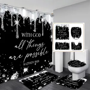 Religious Inspirational Shower Curtain Set, Bathroom Accessory, Bathroom Decoration Accessories, with God All Things Are Possible, Includes 12 Plastic Hooks, Non-Slip Mat, Toilet Lid Cover