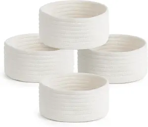 4 Pcs Small Woven Baskets Set, Mini Cotton Rope Storage Bins for Organizing, Cute Tiny Round Decorative Baskets for Gifts, Living Room Bathroom Home Decor, 7.09"W x 3.15"H, White