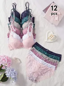 Women's Floral Lace Bra and Panty Set 12-Pack, Comfortable Feminine Underwear Lingerie Set, Stylish & Soft Fabric, Perfect Gift Idea