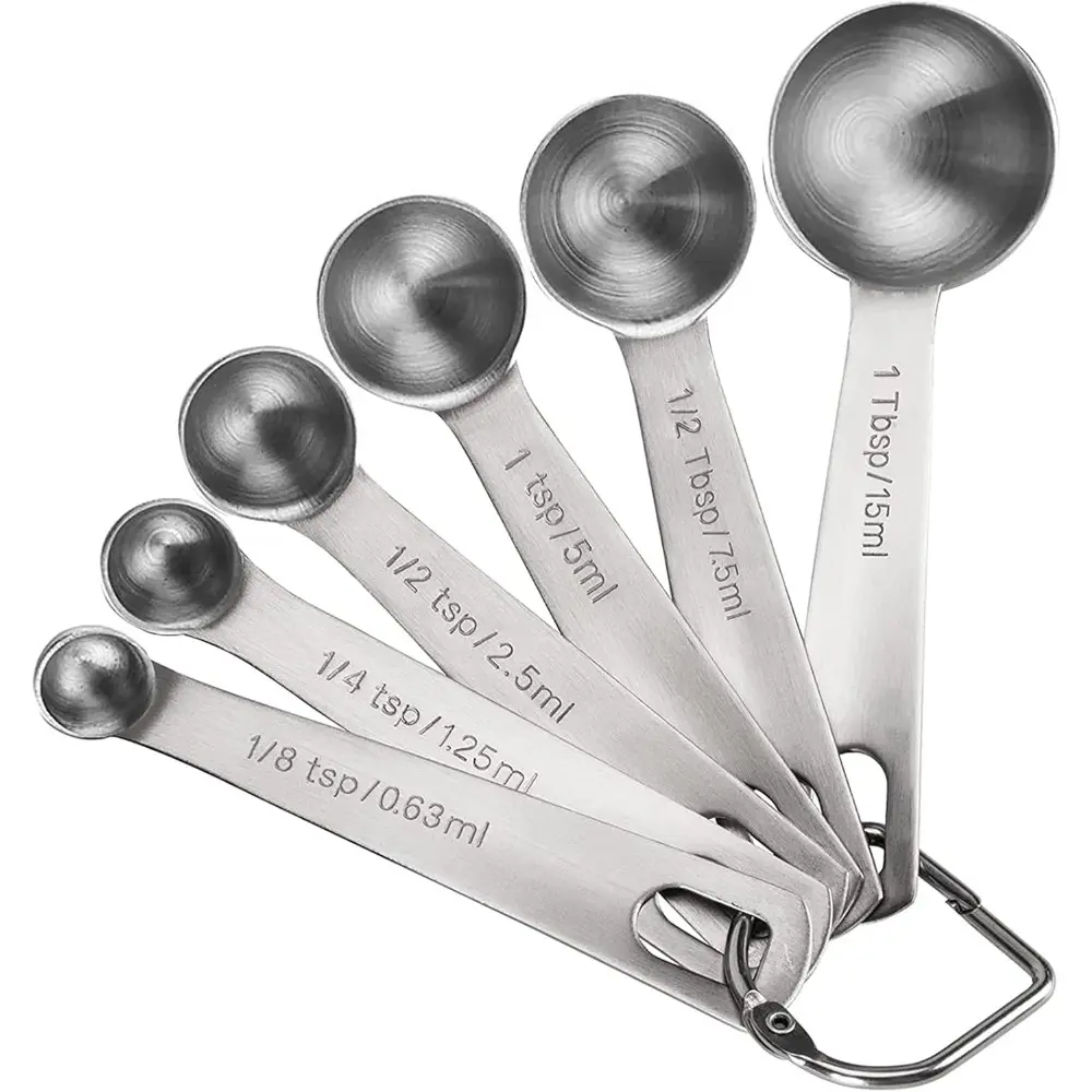 6pcs Round 18/8 Stainless Steel Satin Measuring Spoons - Durable Heavy-Duty Kitchen Utensils, Accurate for Baking/Cooking, Engraved Metric+US Marks, Includes 1/2 tbsp Size for Dry/Liquid Ingredients