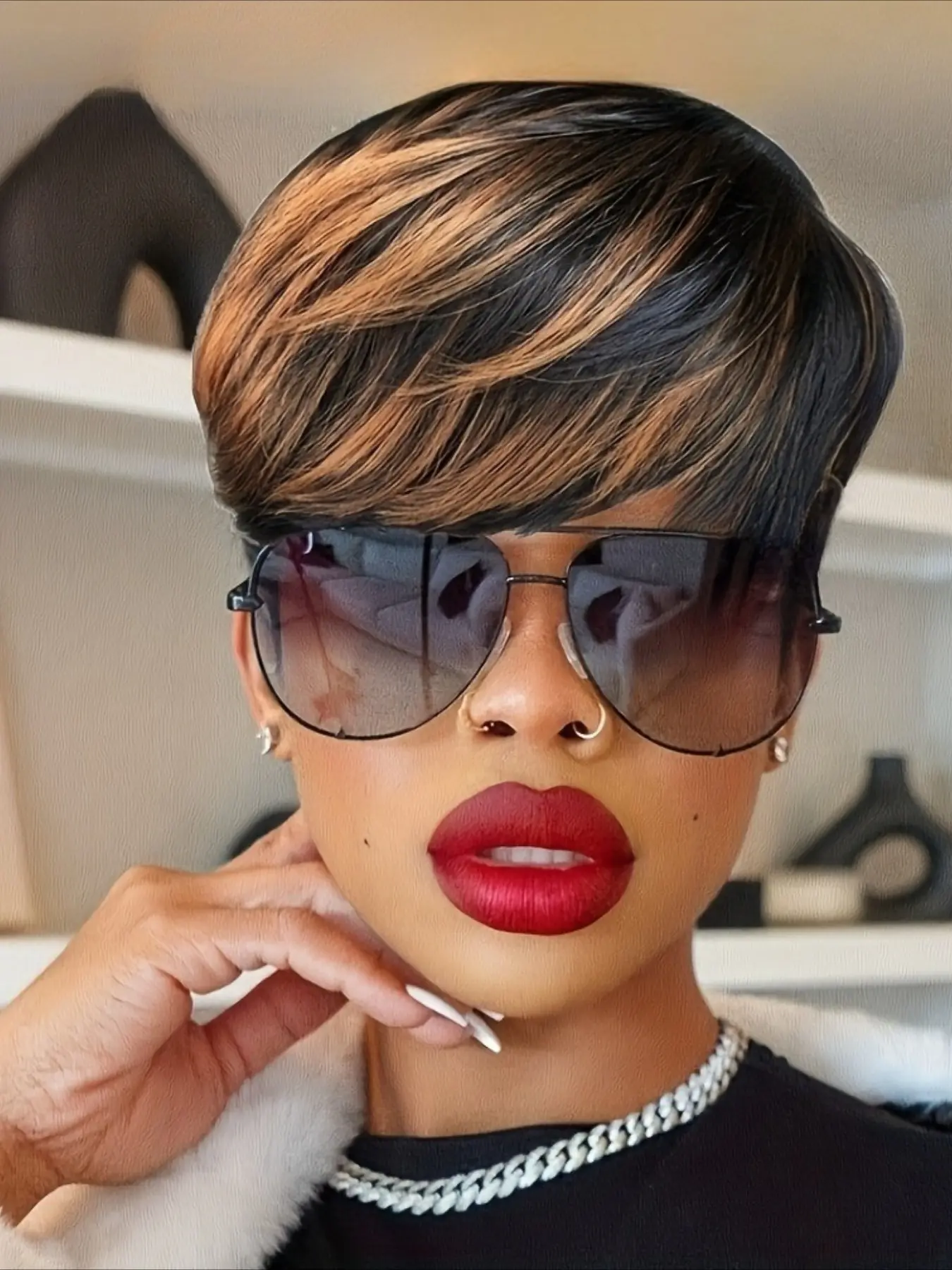 1B/30 Color Straight Human Hair Wig for Women Pre Cut Wig Pixie Cut Wig Full Machine Made Wig 150% Density 6 Inch