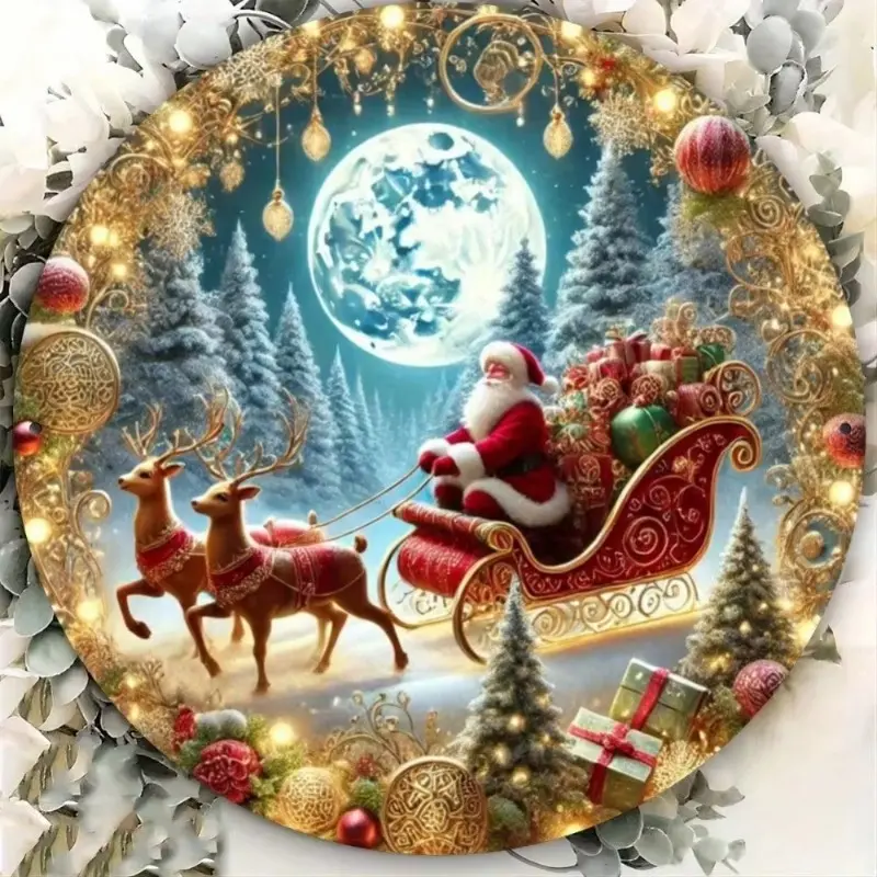 Aluminum 2D Flat Santa Sleigh Sign with Golden Christmas Tree and Gifts Durable Holiday Decor for Door Room Window