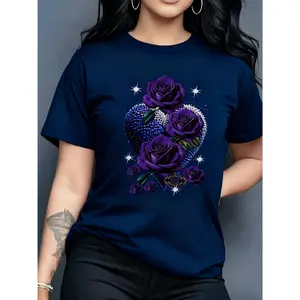 Purple Rose And Heart Pattern Print Women's Round Neck Short Sleeve Casual T-Shirt