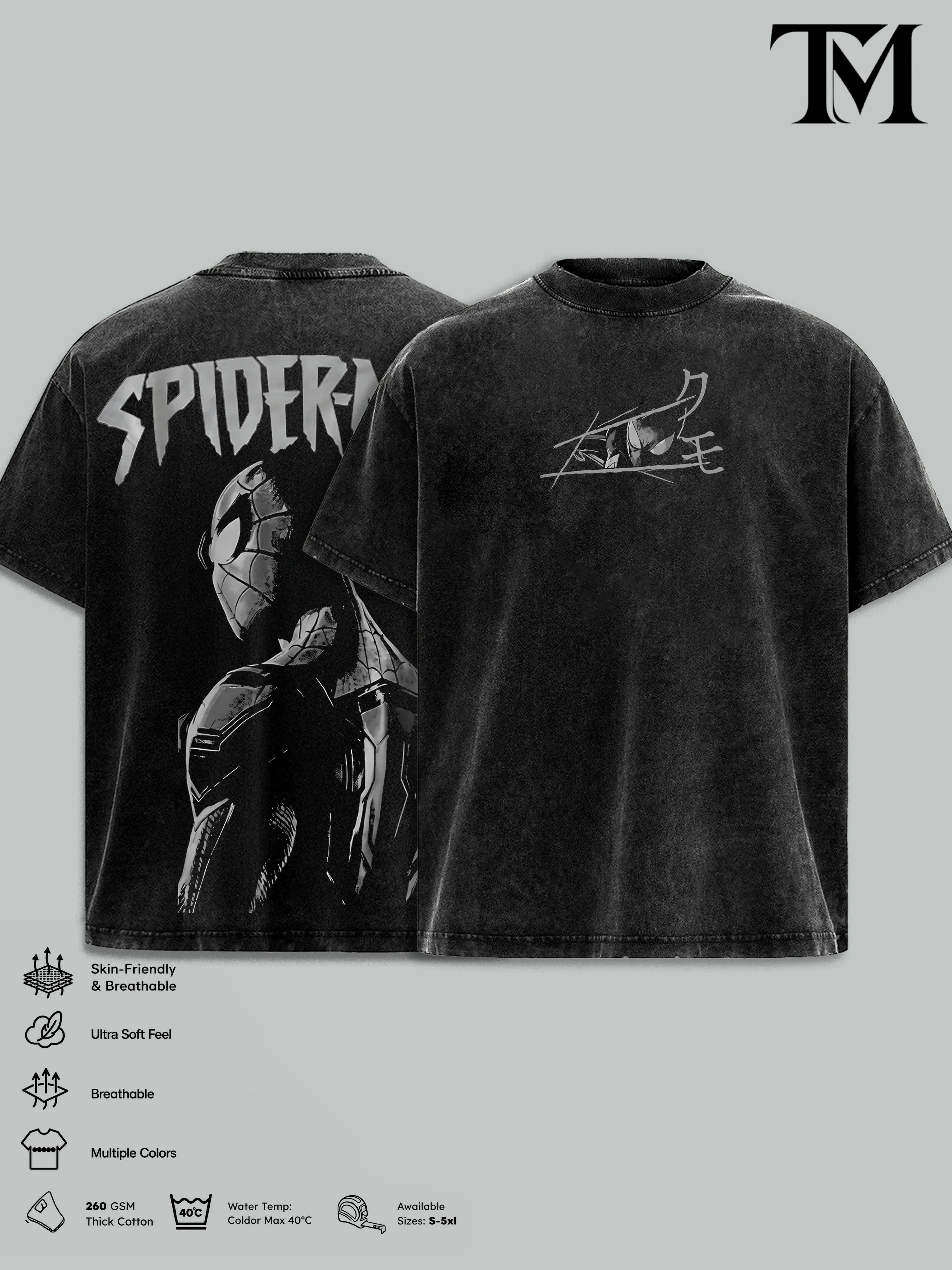 Dark Spidey Man Vintage Washed Graphic T-Shirt & Hoodie, Oversized Heavyweight Cotton Spider Hero Tee, Double Sided Retro Comic Streetwear Shirt