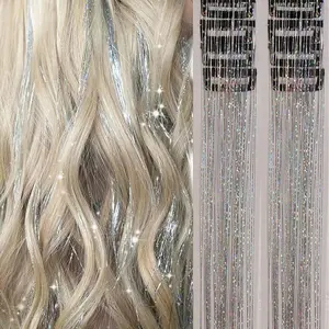12pcs Clip In Medium Straight Synthetic Hair Extension, Synthetic Hairpiece, Party Gift For Women Hair Tinsel, Clip In Hair Tinsel 20 Inch Colorful Glitter Tinsel Hair Extensions, Tinsel Fairy Hair Extension Party Dazzle Hair Accessories