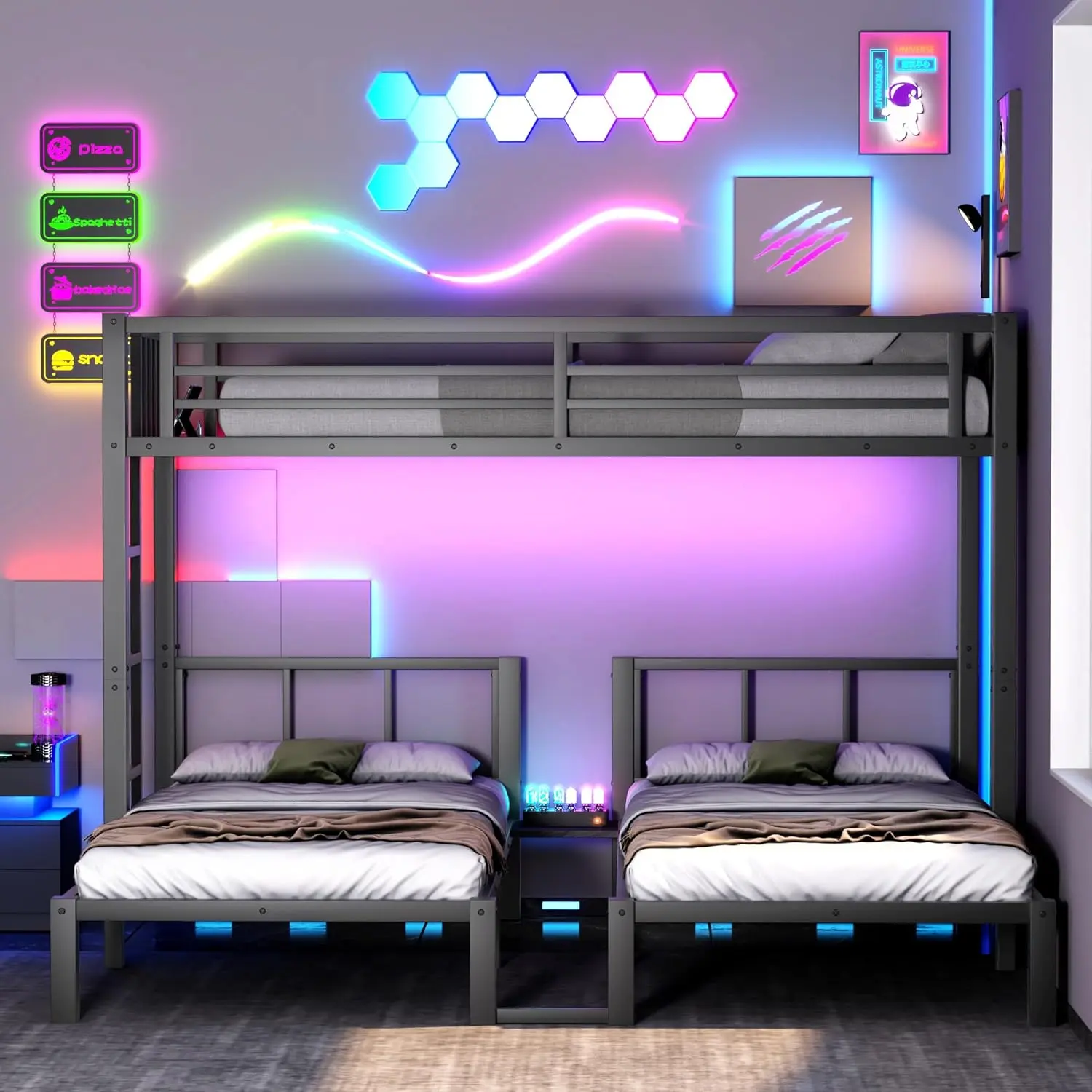 Triple Bunk Bed for 3, Twin XL Over Twin & Twin Bunk Bed with Guardrails and Ladder, Metal Bunk Bed Frame for Bedroom, Detachable Triple Bed (Twin XL /Twin & Twin, Black)