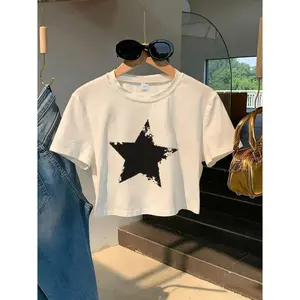 Black Star Graphic Cropped T Shirt Womens Vintage Streetwear Crewneck Short Sleeve Soft Cotton Tee Y2K Casual Summer Outfit Going Out Top