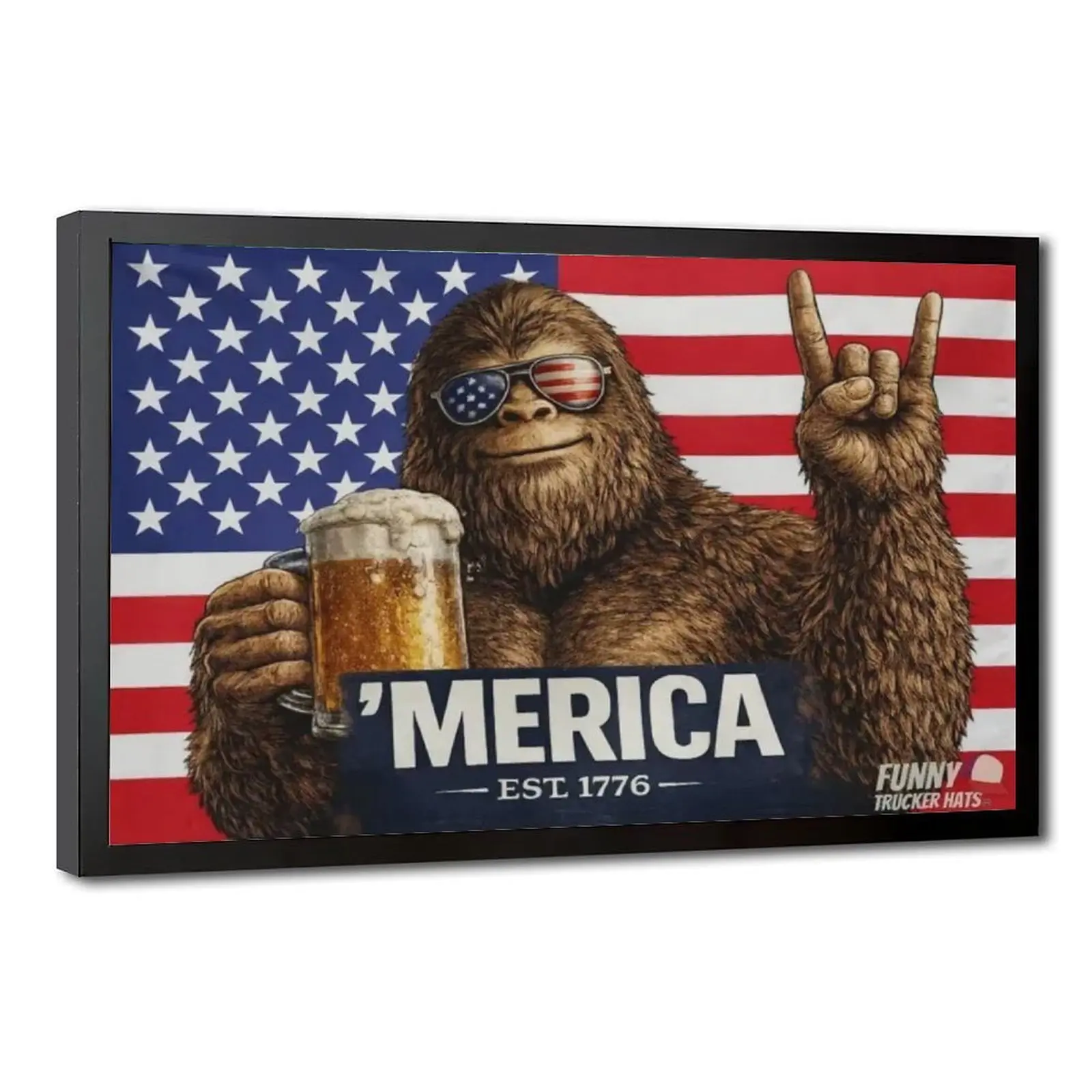 "Americana" Bigfoot and US Flag Poster – Patriotic-Style Pickup/Garage/Off-Road Themed Bigfoot Poster – Fun Gift for Freedom Lovers