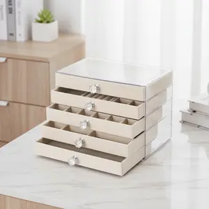 5-Drawer Velvet Jewelry Organizer with Clear Lid, Large Multi-Compartment Jewelry Storage Box, Crystal Knob Display Case for Rings Earrings Necklaces, Dresser Jewelry Holder for Women Gift