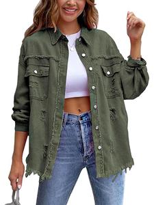 plus size plain ripped pocket button front raw hem denim coat, casual drop shoulder long sleeve collared outerwear, gift set, women's clothes for all seasons